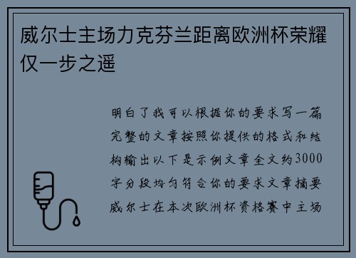 威尔士主场力克芬兰距离欧洲杯荣耀仅一步之遥 威尔士主场力克芬兰距离欧洲杯荣耀仅一步之遥